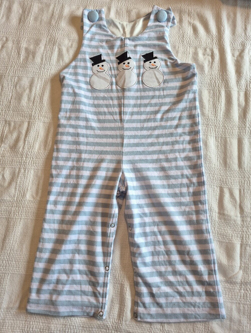 Stitchy Fish boys 2T blue & white stripe with snowman appliques, lined EUC